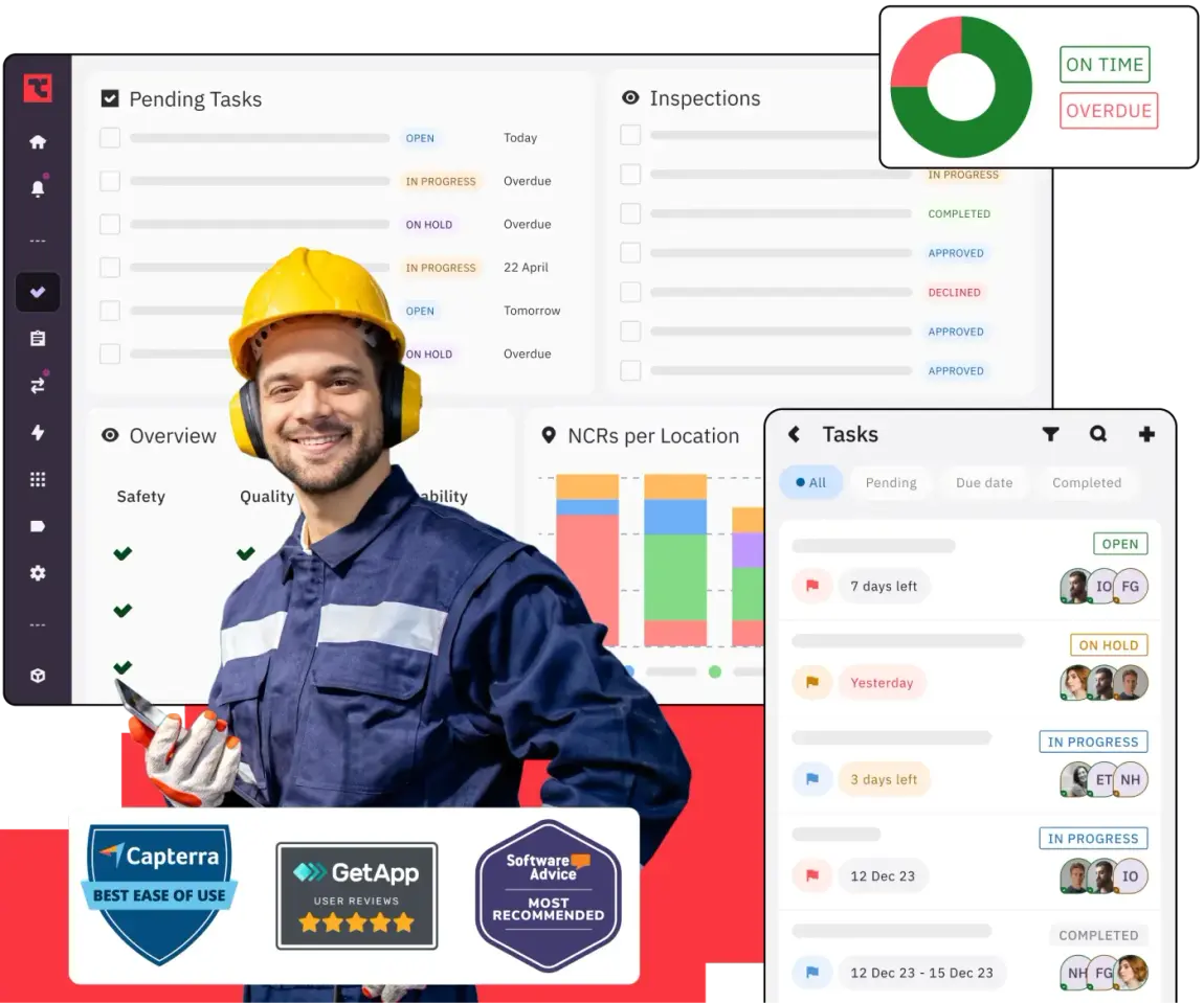 The Tekmon platform — dashboards for pending tasks, inspections, NCRs and analytics, plus the mobile task app